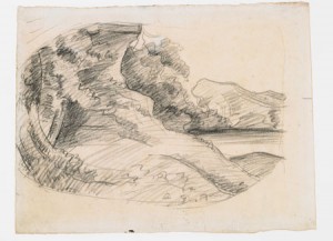 Gustave Courbet, Étude de paysage, vers 1874. Fusain sur papier, 25 x 35 cm. Ornans, Musée Gustave Courbet. Crédit Photo : Musée Courbet, Ornans